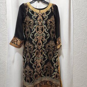 Gorgeous Black and gold embroidered  style high slit long sleeve  dress